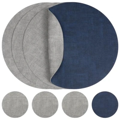 Image of Myir JUN Leather Placemats and Coaster Set of 4, Table Mats Round Waterproof Dual Sided Kitchen Place Coffee Heat Resistant Placemat Non Slip Washable (set Gray Blue)