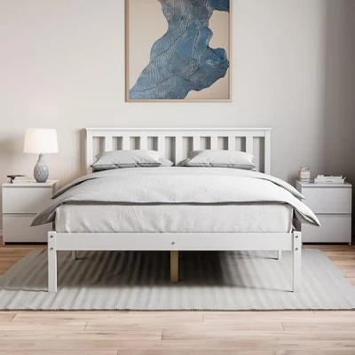 Image of Vida Designs Milan Double Bed, 4ft6, Bed Frame, Solid Pine Wood, Headboard, Low Foot End, Bedroom Furniture, White