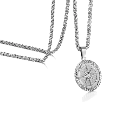 Image of murtoo Compass Silver Necklace for Men Stainless Steel Rope Chain Womens Gifts Men/Women Wheat Chain，20&#039;&#039;