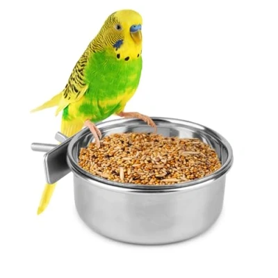 Image of Pet Bird Food Feeding and Drinking Hanging Cup Clamp Holder Stainless Steel Bowl for Parrot Macaw African Greys Budgies Parakeet Cockatiels Conure Lovebirds Finch Pigeon Cage