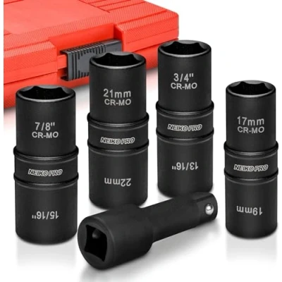Image of NEIKO 02282B 1/2 Inch Drive Impact Socket Set, Flip Chrome Moly Steel, Includes 3 Bar Extension, 8 Deep SAE and Metric Sizes, 5 Pieces