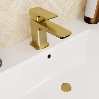 Image of Nes Home Modern Cloakroom Brushed Brass Square Basin Mono Mixer Tap + Waste