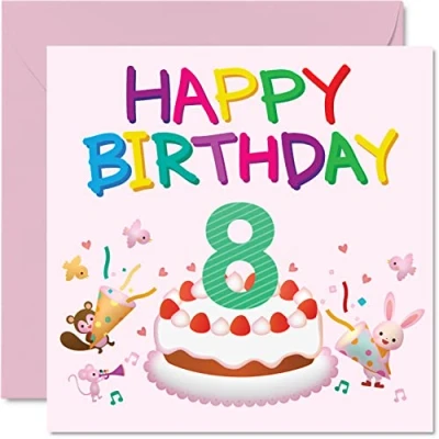 Image of 8th Birthday Card Girl Critter Party Happy 8 Year Old Girl, Girls Cards for Her, 145mm x Greeting Daughter Niece Granddaughter Kid Children
