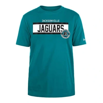 Image of Jacksonville Jaguars New Era Cap NFL Regular T Shirt High Density Ink Screenprint Front Graphic Original Team Color Unisex Turquoise