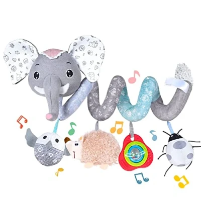 Image of Koty Spiral Pram Toys for Babies, Pushchair Stroller Car Seat Cot Crib Baby Boys Girls 0 3 6 9 12 Months, Plush Activity Rattle Hanging Toy Sensory Gift Newborn Infant (Gray Elephant)
