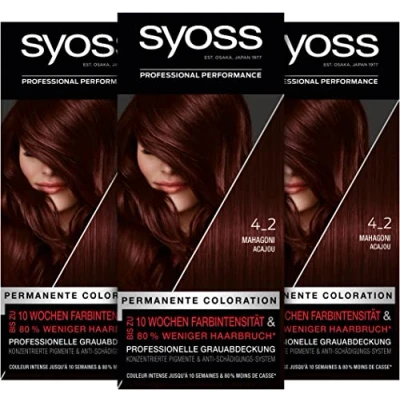 Image of Syoss Colour Coloration 4_2 Mahogany Level 3 (3 x 115 ml), Permanent Colouration for up to 10 Weeks of Intensity and 70% Less Hair Breakage*