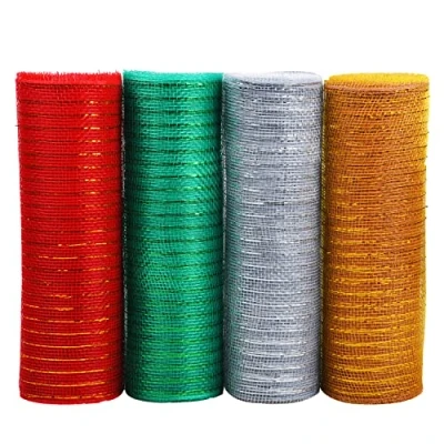 Image of Lezevn 4 Rolls 10 Inch x Yards Christmas Poly Mesh Ribbon Deco Metallic Foil for Wreaths Making Gift Wrapping (Red,Green,Gold,Silver)