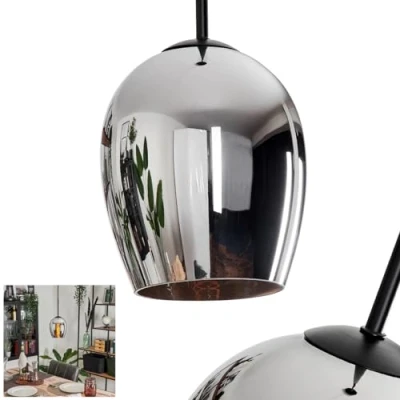 Image of Vevino Pendant Light, Hanging lamp Made of Metal/Glass in Black/Chrome Colour, Vintage/Retro Design luminaire with Glass Shade (Ø 15 cm), max. Height 150 cm, 1 x E27, Without Bulb