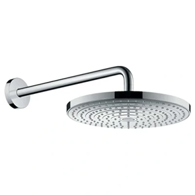 Image of hansgrohe Raindance Select S head shower with arm, round (⌀ 300 mm), rainfall 2 sprays for wall mounting, anti limescale, chrome, 27378000