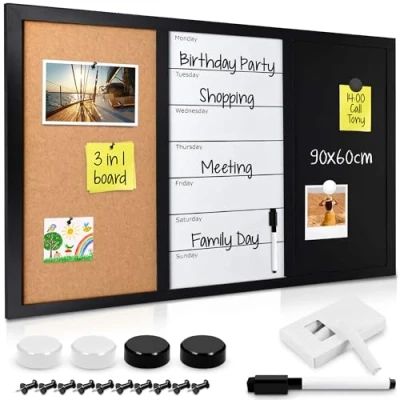 Image of Navaris Combination Cork Board/Whiteboard/Chalkboard 90x60cm Magnetic Memo Week Planner Notice Board with Chalk, Push Pins, Marker, Magnets