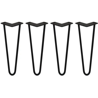 Image of 4 x Hairpin Legs/Hair Pin Legs Set SkiSki Furniture Desk Bench Chair Table 14&quot; 2 Prong 12mm Black Steel &amp; Protector Feet