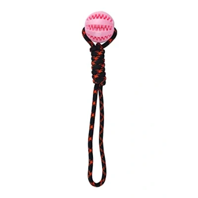 Image of HENBRANDT Pink Dog Ball on Rope 34cm Durable Rubber with Handle for Interactive Training and Exercise Chew Toy Fetch Catch Throw Tug of War Toys Accessories