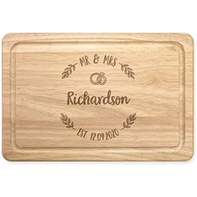 Image of Personalised Custom Name Mr &amp; Mrs/Mr Mr/Mrs Mrs Wreath Wedding Rectangular Wooden Chopping Cheese Board