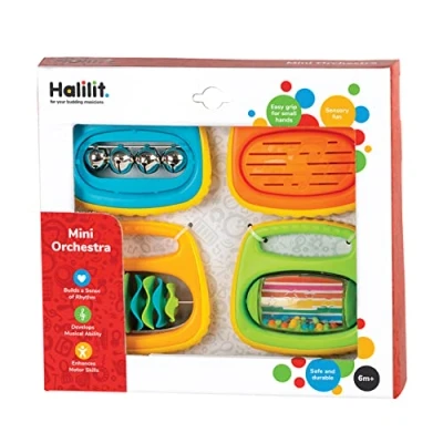 Image of Halilit Mini Orchestra Baby Gift Set. Includes 4 Colourful Musical Instruments My Bell, Tambaring, Clip Clap and Rock ‘n’ Roll Rattle, Suitable for Boys &amp; Girls from 6 months +