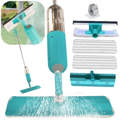 Image of ARSUK 2 in 1 Spray Mop and Window Squeegee Microfibre Cleaning System with Refillable Bottle For Hardwood Floors, Tiles, Windows, Glass Surfaces