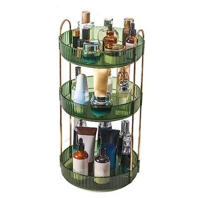 Image of 360 Rotating Makeup Organiser,Cosmetic Storage Skincare Spinning Holder Lipsticks Brushes Perfume Display Stand Box for Vanity Desk, Dresser, Bathroom (Green 3Tier)