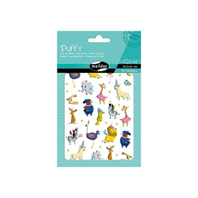 Image of Maildor Ref AE145C Puffy Stickers (Single Sheet) 10.5 x 16cm Zoo Animals Party Designs 37 Total, Sparkly &amp; Glittery 3D Effect