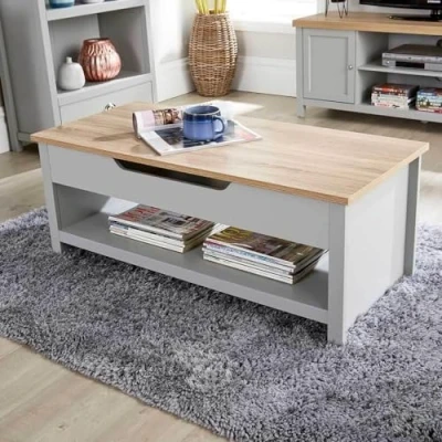 Image of Home Source Lift Up Coffee Occasional Table, Storage Shelf, Oak Effect, Grey