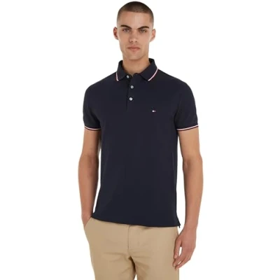 Image of Tommy Hilfiger Men 1985 RWB Tipped Slim Polo Short Sleeve Shirt, Blue (Desert Sky), XS