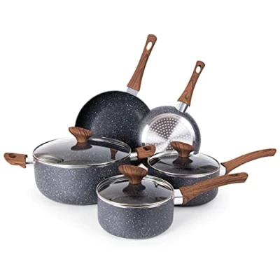 Image of Non Stick Pots and Pans Set Induction Hob Pot 8pcs Kitchen Cookware with Lids Cooking Marble Saucepan Frying by Nuovva