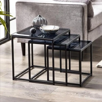 Image of Julian Bowen Chicago Nest of 3 Tables, Smoked Glass/Black, One Size