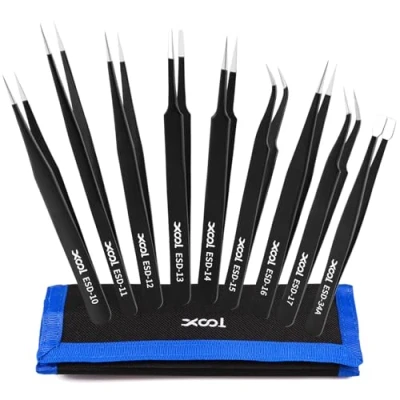 Image of XOOL 9PCS Precision Tweezers Set, ESD Anti Static Stainless Steel Kit, Multi Standard for Lab, Electronics, Jewelry and Detailed Work