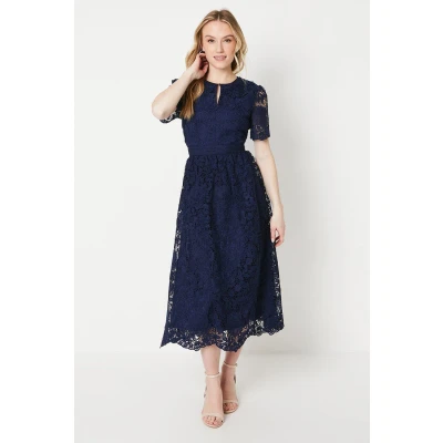 Image of Oasis Womens Occasion Lace Collared Midi Dress Navy Size 16 UK