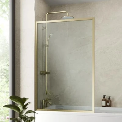Image of LUXURA® Brushed Brass Square Framed Over Bath Shower Screen 6mm Toughened Safety Glass Panels 800mm Bathroom Reversible
