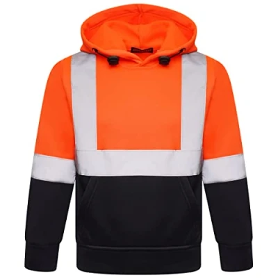 Image of Kids Unisex Reflective Safety Workwear Camping Cycling Sweatshirt Hi Vis Hoodie Orange/Navy
