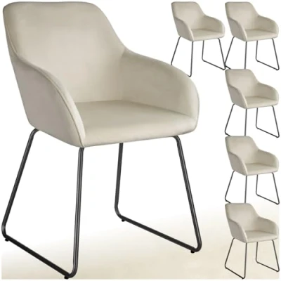 Image of TecTake® Set of 6 Dining Chairs with Soft Velvet Look Covers &amp; Curved Steel Frames, Armchair Plush Padding Ergonomic Backrests, Ideal as Room, Kitchen Desk Chair Cream/Black
