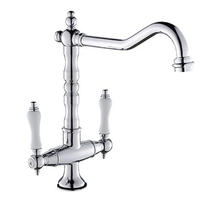 Image of Traditional Kitchen Sink Mixer Tap Double Handle Solid Brass Antique Chrome Georgian Classic Faucet (Chrome)