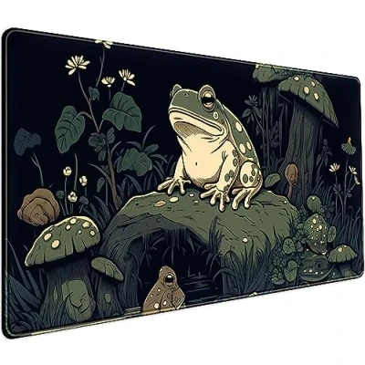 Image of Kawaii Mushroom Cute Frog Desk Mat Anime Gaming Mouse Pad Dark Green Forest Mousepad XXL, Large Extended Laptop Keyboard 31.5x15.75 in, Non Slip Rubber Base with Stitched Edges