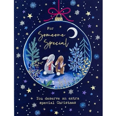 Image of Paperlink Someone Special Christmas Card Woodland Bunnies in Bauble with Foil Details Eco Friendly and Recyclable, 204 x 153mm, Blue, Gold, White
