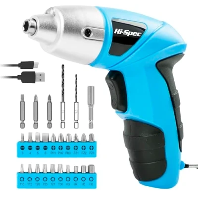 Image of Hi Spec 27 Pc Electric Screwdriver Blue 3.6V with 23 Bit Sets. Cordless Tool Rechargeable Battery and LED Light for DIY Home &amp; Office