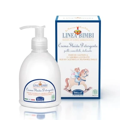 Image of Helan Linea Bimbi Baby Cleansing Cream with Calendula &amp; Sweet Almonds, Calming Nourishing Action Moisturising Lotion Fluid Gentle Cleanser for Sensitive Skin Made in Italy, 240 ml