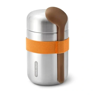 Image of BLACK + BLUM Food Flask Vacuum Insulated 304 Stainless Steel Container with Leak Proof Lid, Nylon Strap and Natural Wood Fibre Spoon Keeps Hot for 6 hrs, Cold 8 Orange 400ml