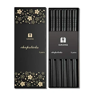 Image of SUPJOYES 5 Pairs Fiberglass Chopsticks Reusable Dishwasher Safe, Japanese Chinese Chop Sticks with Cherry Blossom Pattern, 9 1/2 Inches
