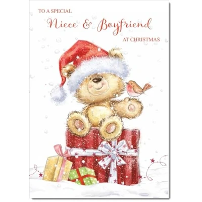 Image of doodlecards Niece and Boyfriend Christmas Card Cute Bear on Parcel Medium Size for &amp; with Plain Envelope