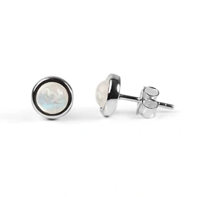 Image of Moonstone and Sterling Silver Simple Minimal Round Stud Earrings, White Birthstone Gifts