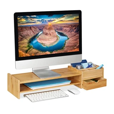 Image of Relaxdays Monitor Stand Bamboo, Screen Raiser, HWD 13 x 70 19 cm, 7 compartments, Natural Wood