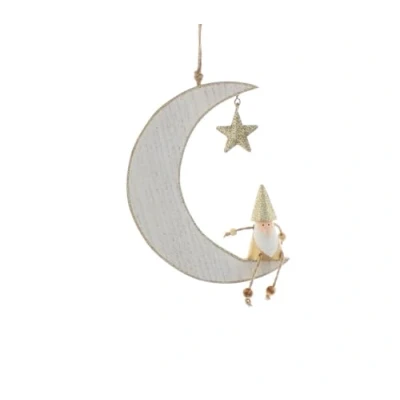 Image of Festive Productiions 14cm White and Gold Wooden Moon With Sitting Santa Hanging Christmas Decoration