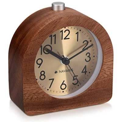 Image of Navaris Analogue Wooden Alarm Clock Retro Table with Half Round Design, Snooze Function, Alarm, Gold Face Light Natural Wood in Dark Brown