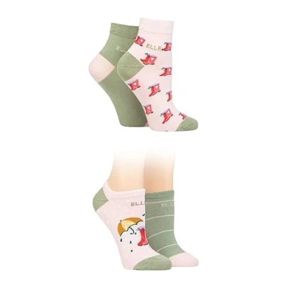 Image of Elle Ladies Patterned and Plain Assorted Sock Styles including Anklets, No Show, Trainer Regular Bamboo Socks in a Multipack of 4 Anklet/No Show Meadow 8