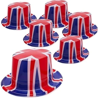 Image of Toyland® Pack of 6 Plastic Union Jack Top Hats One Size British Celebrations