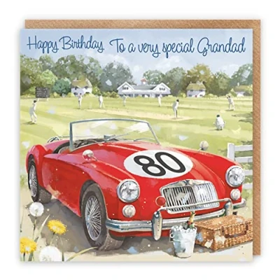 Image of Hunts England 80th Grandad Classic Sports Car Birthday Card Happy 80 To A Very Special Artistic Milo&#039;s Cricket Match