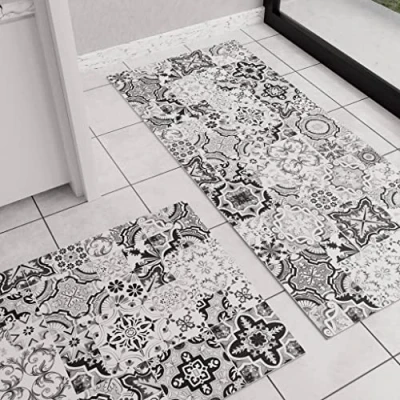 Image of PETTI Artigiani Italiani Kitchen Rug, Washable Non Slip Runner 52 x 380 cm, Vietri Black Design, 100% Made in Italy