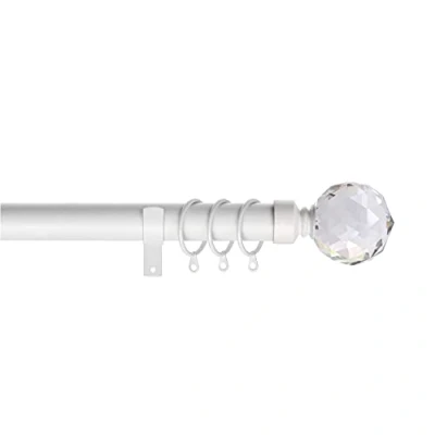 Image of Home Harmony® Crystal Ball Finial Telescopic Extendable Curtain Pole set In Black or Silver and Matching Holdbacks Available (White, 120 210 cm)