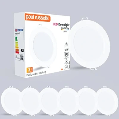Image of paul russells LED Ceiling Downlights, 12W Slim Recessed Bathroom Kitchen Ceilings, 1150 Lumens, 4000K Cool/Natural White, Cutout 120 130mm, Round Non Dimmable Panel Spotlights, 6 Packs