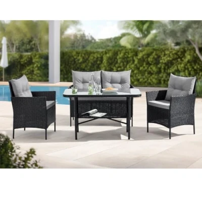 Image of EVRE Anthracite Florence Garden Rattan Furniture Set 4 Piece Seat 1 Sofa 2 Chair Dining Outdoor Conservatory Wicker Weave Lounge and Glass Top Table with Cushions