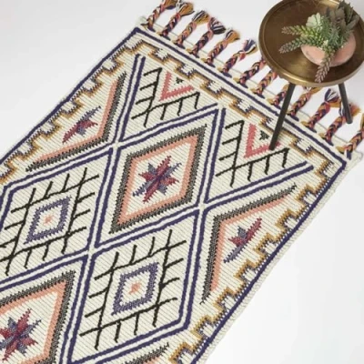 Image of HOMESCAPES Multi Colour Handwoven Kilim Rug 90 x 150 cm Wool &amp; Cotton Living Room Area ‘Goa’ with Geometric Tribal Pattern Tassels
